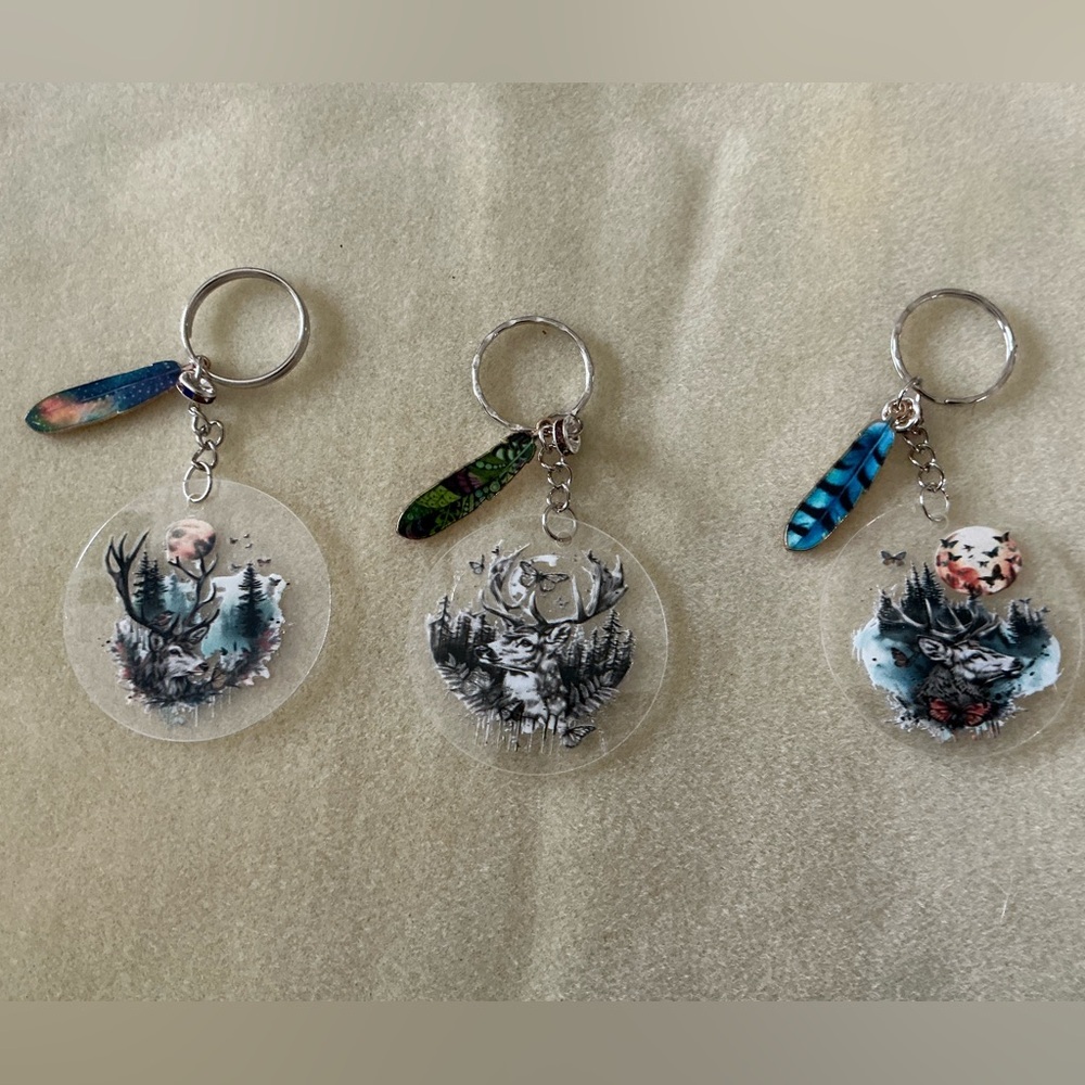 Handmade deer Keychains with 2 charms, set of 3